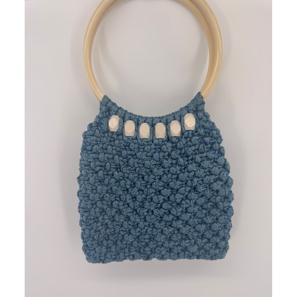 Crochet Handbag Women Blue Round Handles Beaded Boho Tote Liz Miller Macrame
